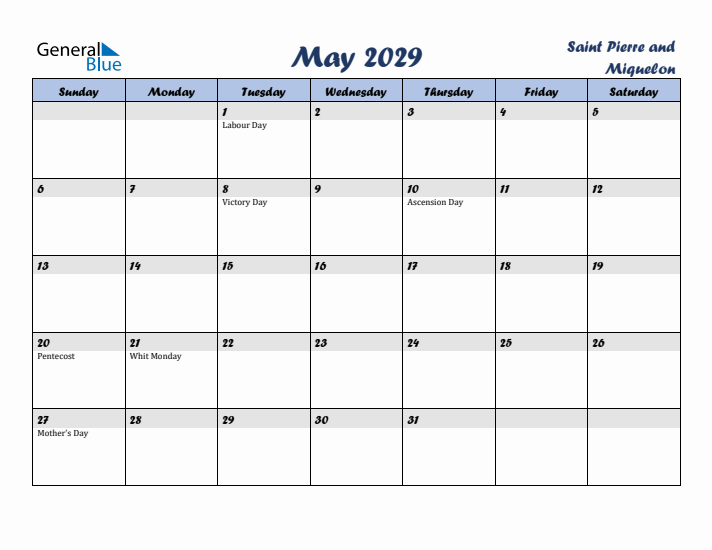 May 2029 Calendar with Holidays in Saint Pierre and Miquelon