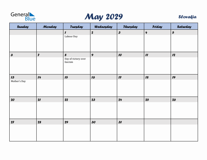 May 2029 Calendar with Holidays in Slovakia