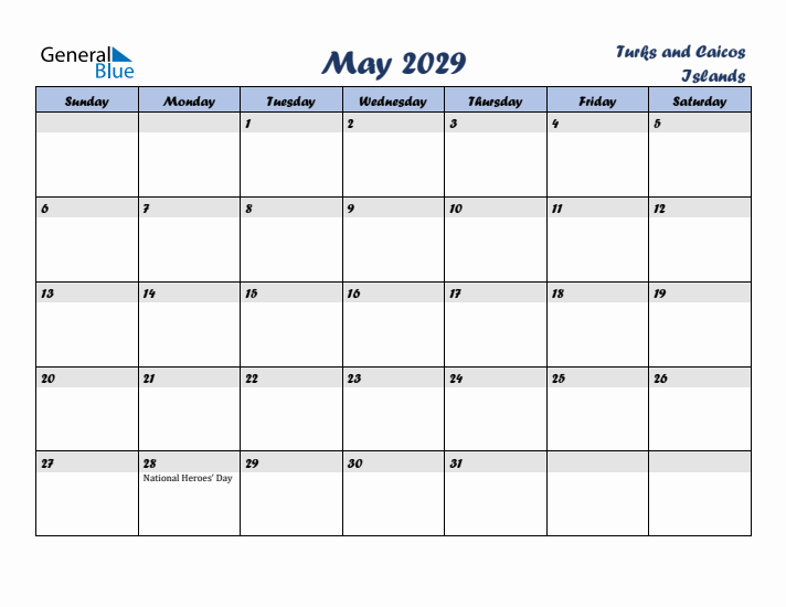 May 2029 Calendar with Holidays in Turks and Caicos Islands
