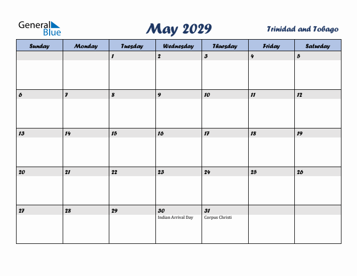 May 2029 Calendar with Holidays in Trinidad and Tobago
