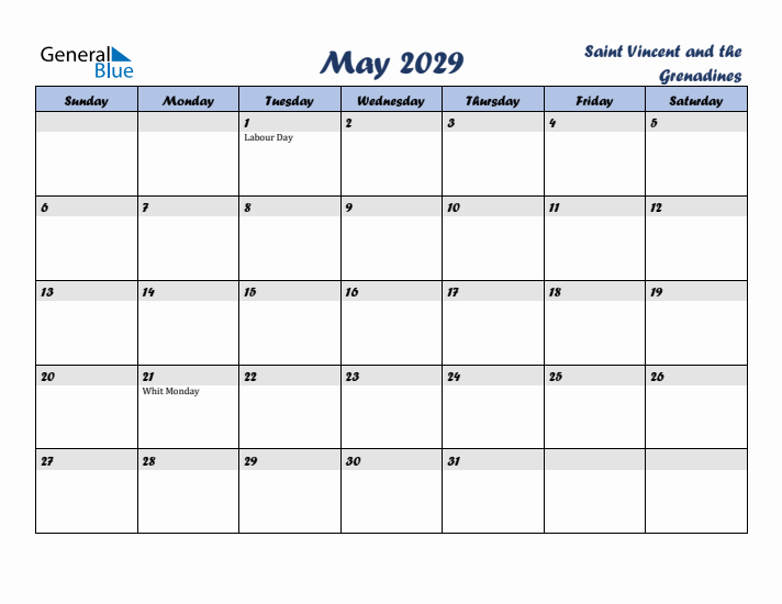 May 2029 Calendar with Holidays in Saint Vincent and the Grenadines