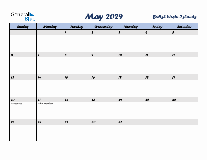 May 2029 Calendar with Holidays in British Virgin Islands
