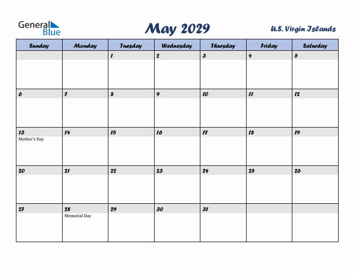May 2029 Calendar with Holidays in U.S. Virgin Islands