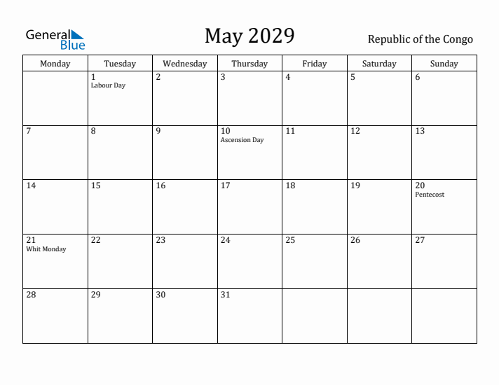 May 2029 Calendar Republic of the Congo