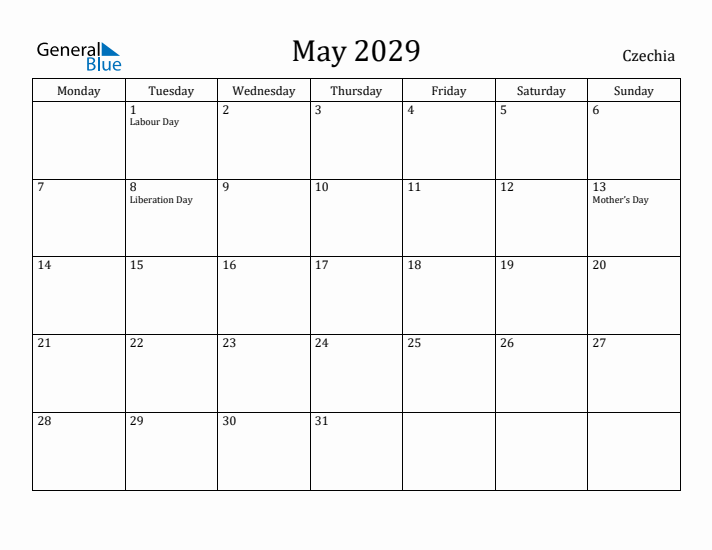 May 2029 Calendar Czechia