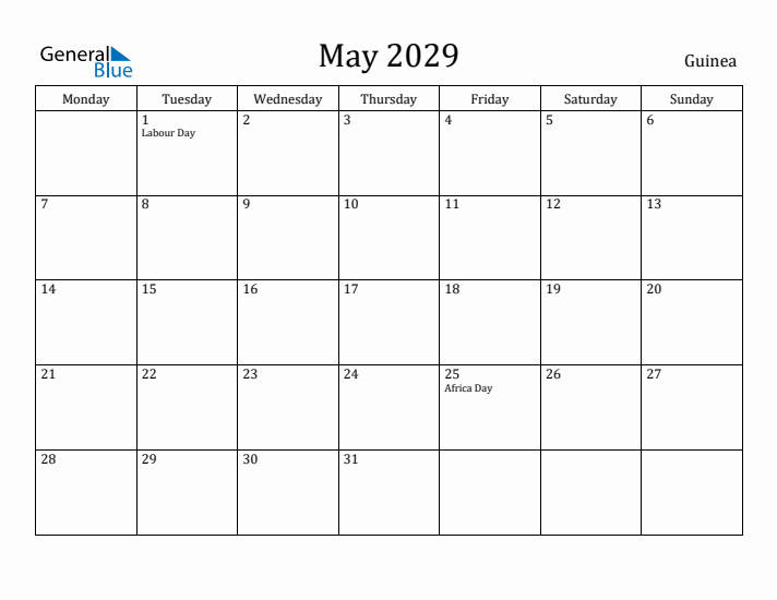 May 2029 Calendar Guinea