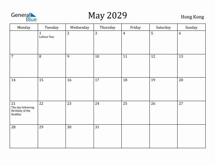 May 2029 Calendar Hong Kong