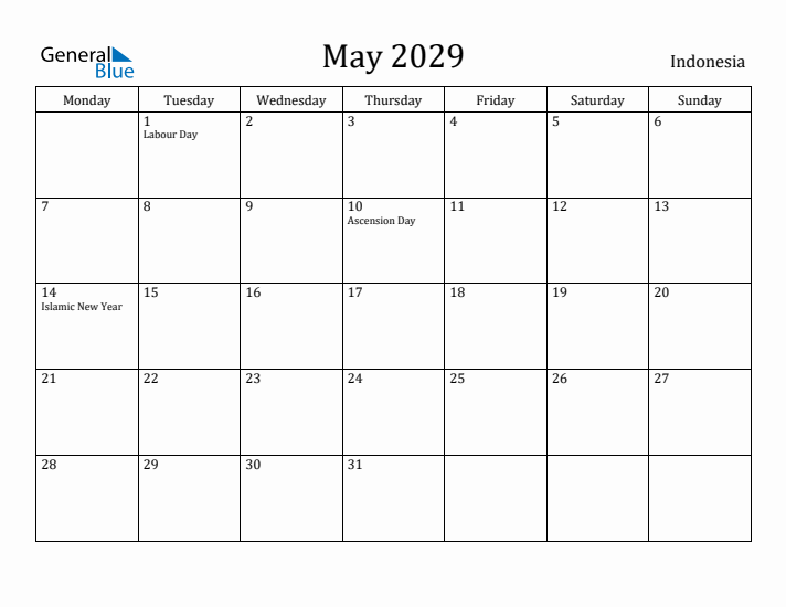 May 2029 Calendar Indonesia