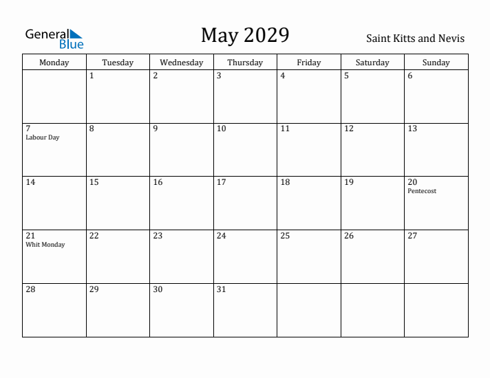 May 2029 Calendar Saint Kitts and Nevis