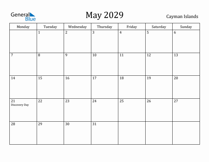 May 2029 Calendar Cayman Islands