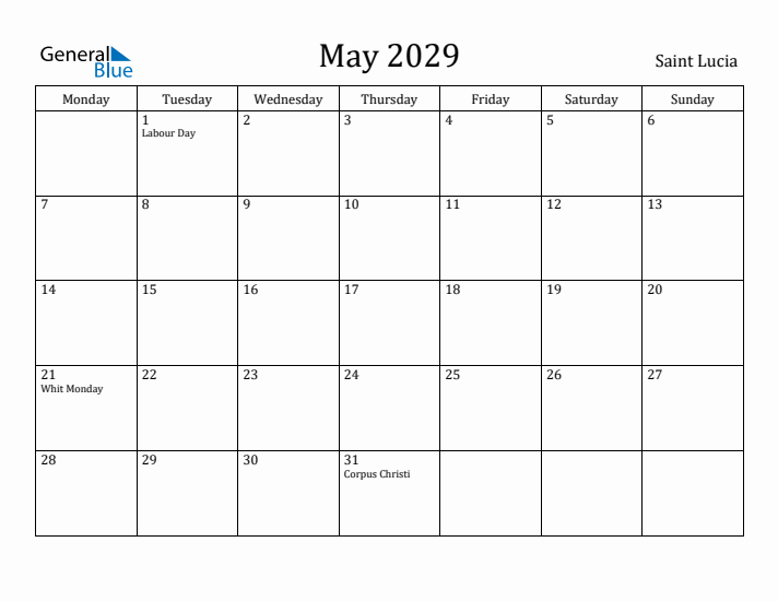 May 2029 Calendar Saint Lucia