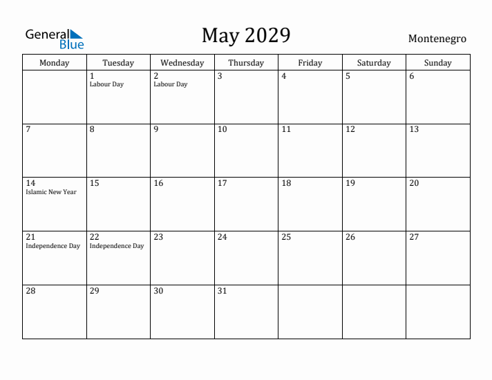 May 2029 Calendar Montenegro