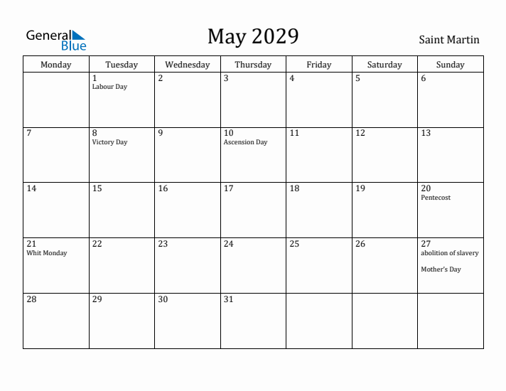May 2029 Calendar Saint Martin