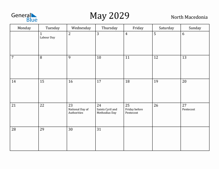 May 2029 Calendar North Macedonia