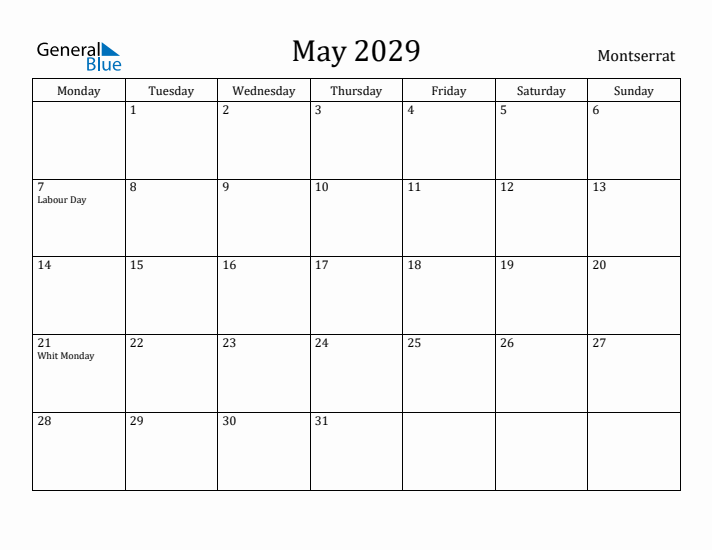 May 2029 Calendar Montserrat