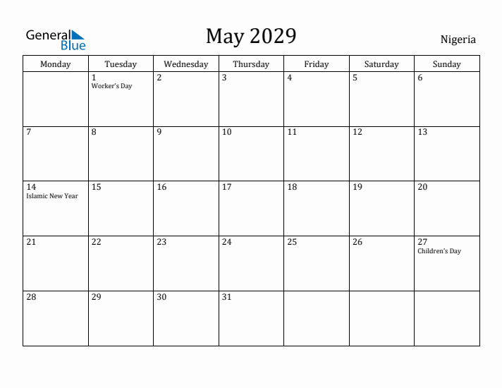 May 2029 Calendar Nigeria