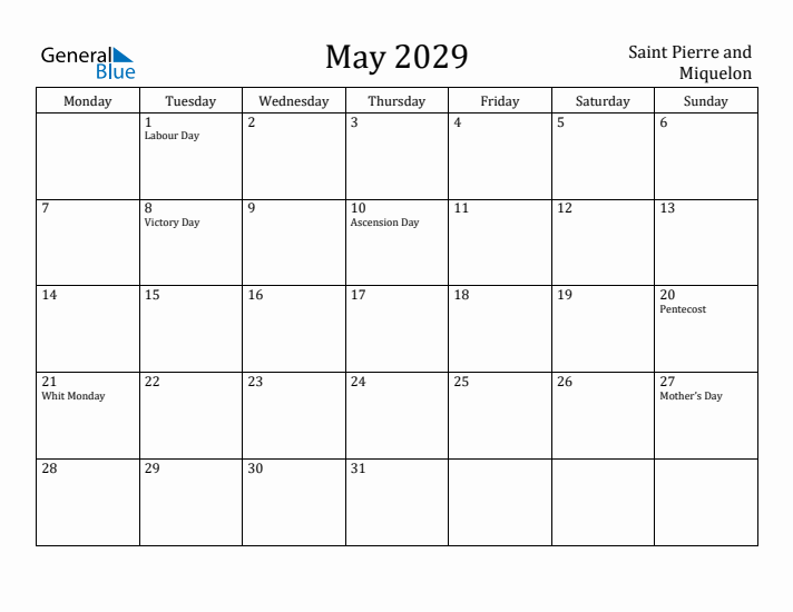 May 2029 Calendar Saint Pierre and Miquelon