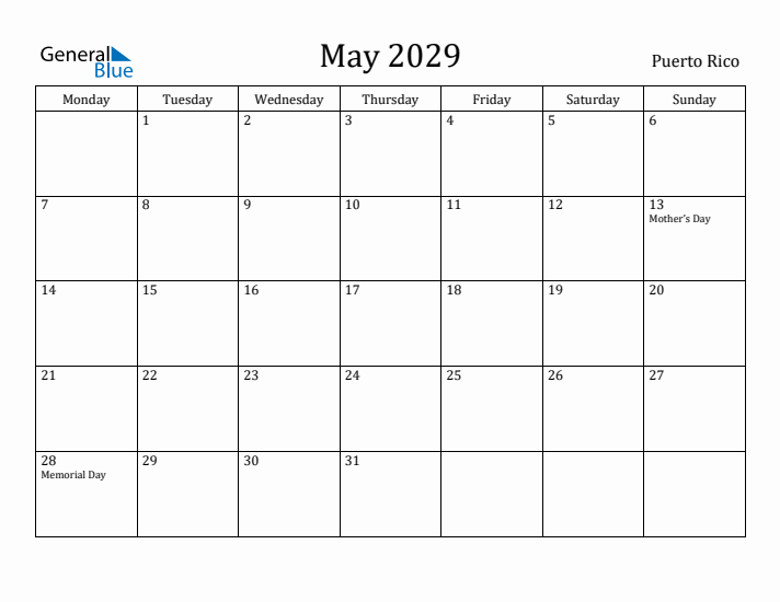May 2029 Calendar Puerto Rico