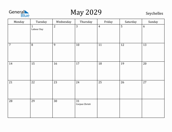 May 2029 Calendar Seychelles