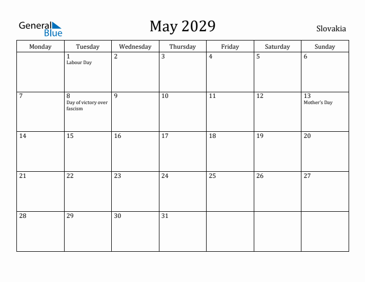 May 2029 Calendar Slovakia