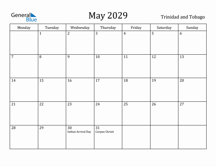 May 2029 Calendar Trinidad and Tobago