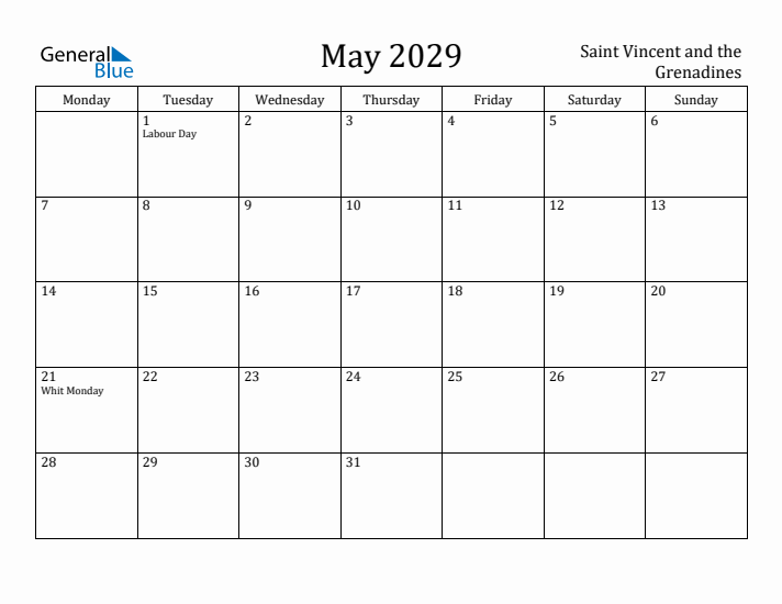May 2029 Calendar Saint Vincent and the Grenadines