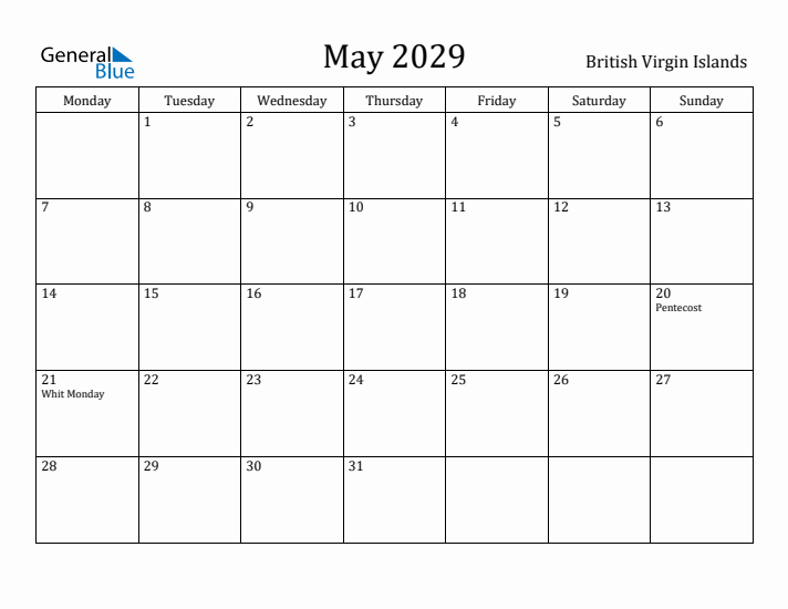 May 2029 Calendar British Virgin Islands