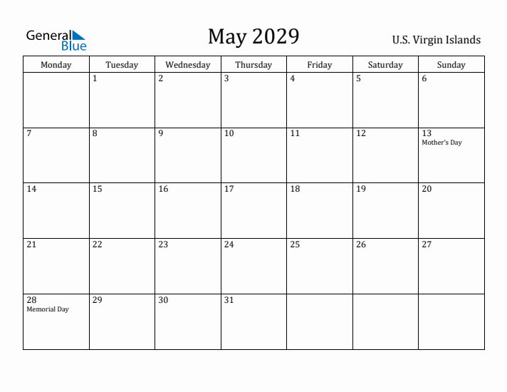 May 2029 Calendar U.S. Virgin Islands