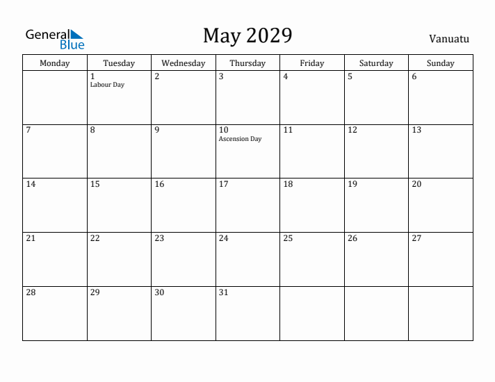May 2029 Calendar Vanuatu