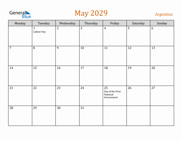 May 2029 Holiday Calendar with Monday Start