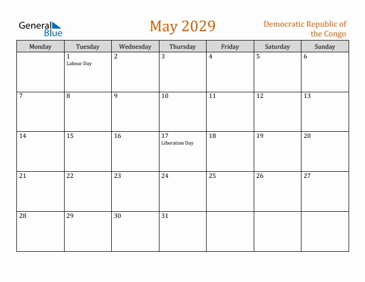May 2029 Holiday Calendar with Monday Start
