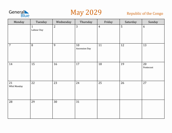 May 2029 Holiday Calendar with Monday Start
