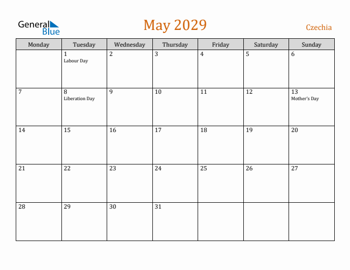 May 2029 Holiday Calendar with Monday Start