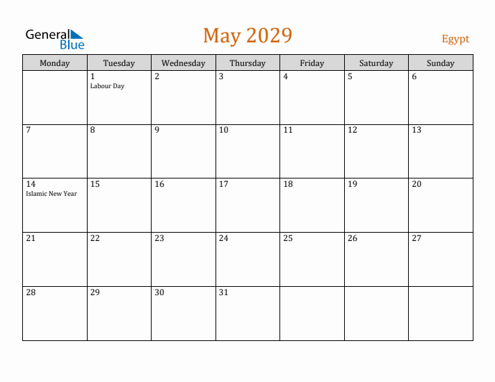 May 2029 Holiday Calendar with Monday Start