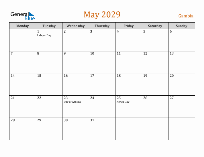 May 2029 Holiday Calendar with Monday Start