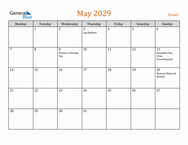 May 2029 Holiday Calendar with Monday Start