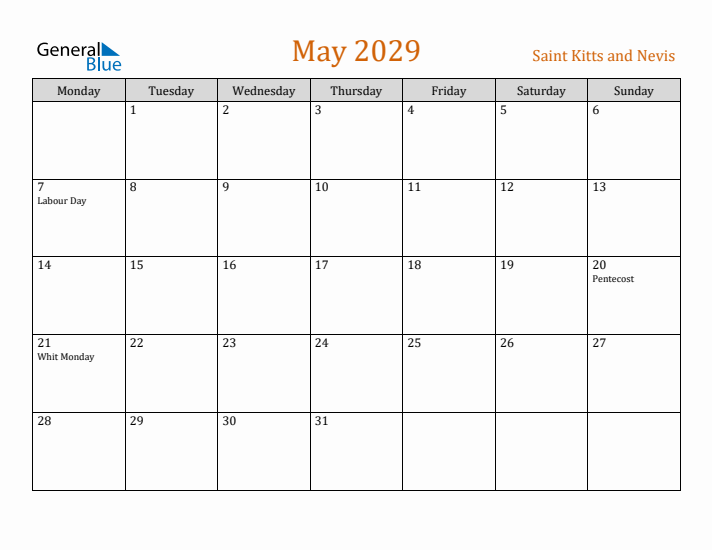 May 2029 Holiday Calendar with Monday Start