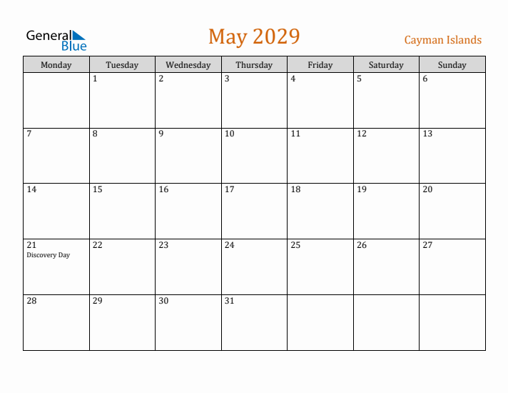 May 2029 Holiday Calendar with Monday Start
