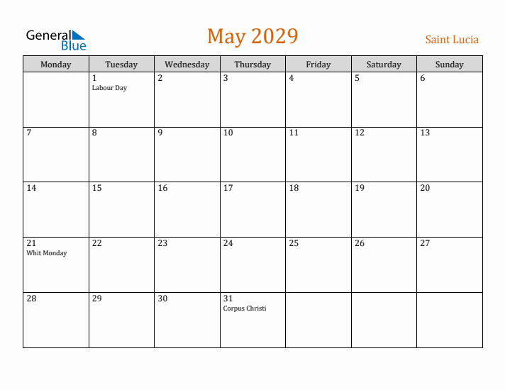 May 2029 Holiday Calendar with Monday Start