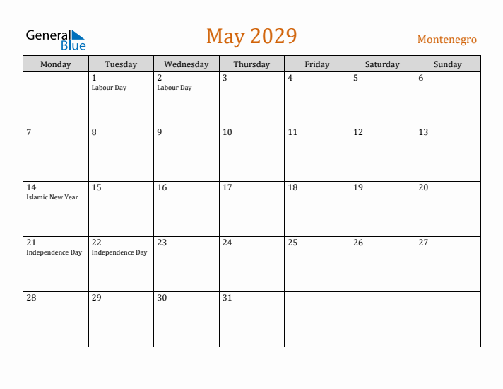 May 2029 Holiday Calendar with Monday Start