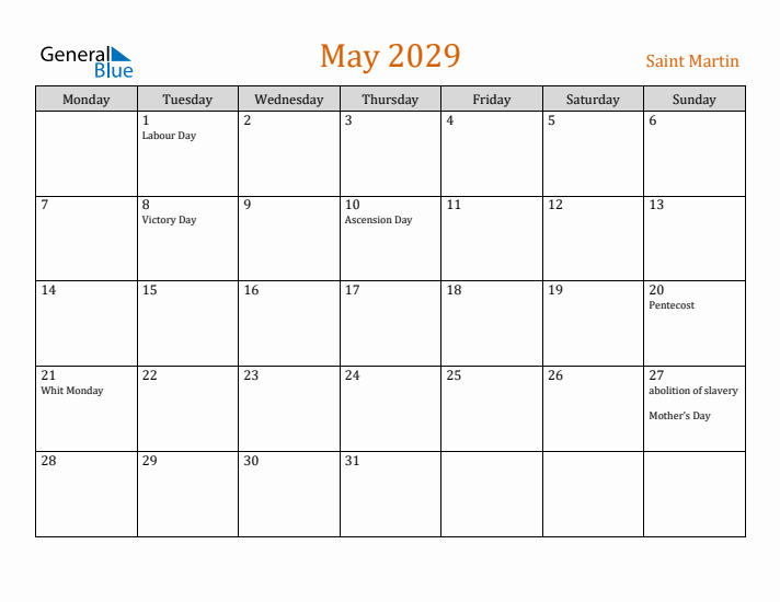 May 2029 Holiday Calendar with Monday Start