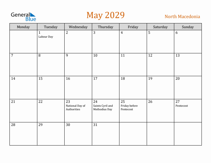 May 2029 Holiday Calendar with Monday Start