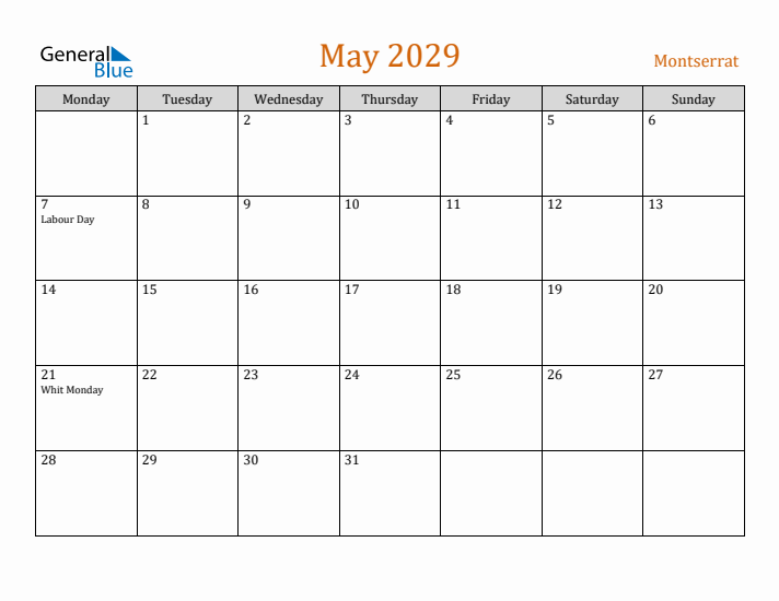 May 2029 Holiday Calendar with Monday Start