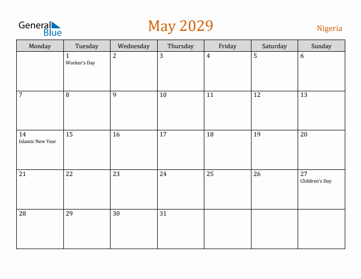 May 2029 Holiday Calendar with Monday Start