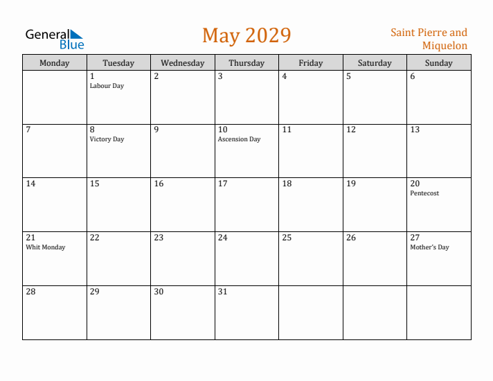 May 2029 Holiday Calendar with Monday Start