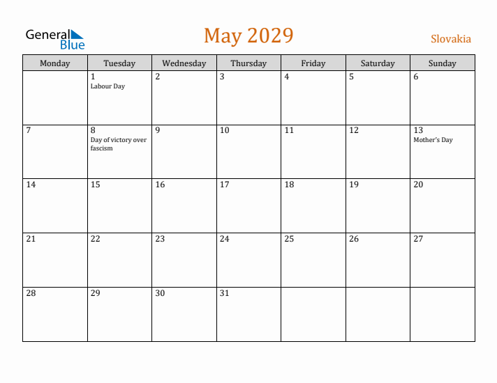 May 2029 Holiday Calendar with Monday Start