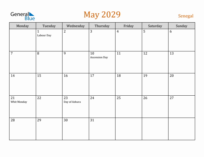 May 2029 Holiday Calendar with Monday Start