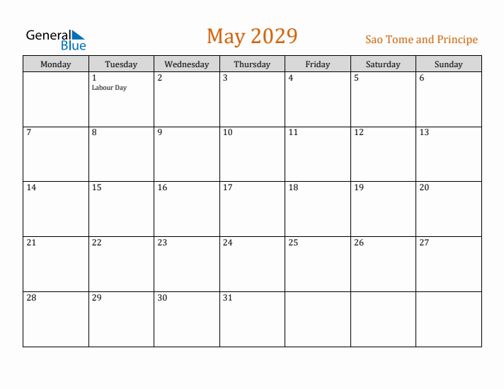May 2029 Holiday Calendar with Monday Start