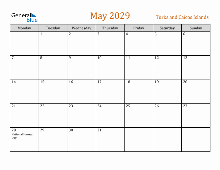 May 2029 Holiday Calendar with Monday Start