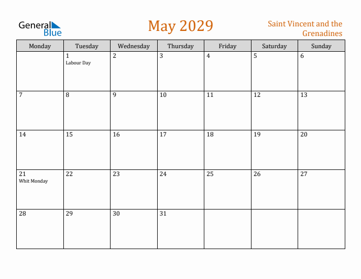 May 2029 Holiday Calendar with Monday Start